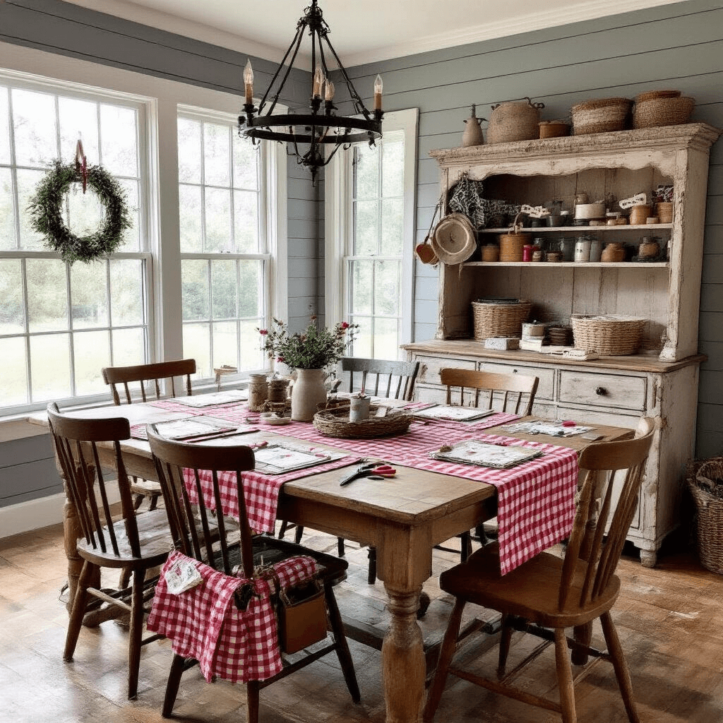 A charming farmhouse-style dining room with dove gray shiplap walls, featuring a wooden dining table dressed in a red and white checkered cloth, surrounded by mismatched chairs and adorned with crafting supplies, warm lighting, and rustic decor.