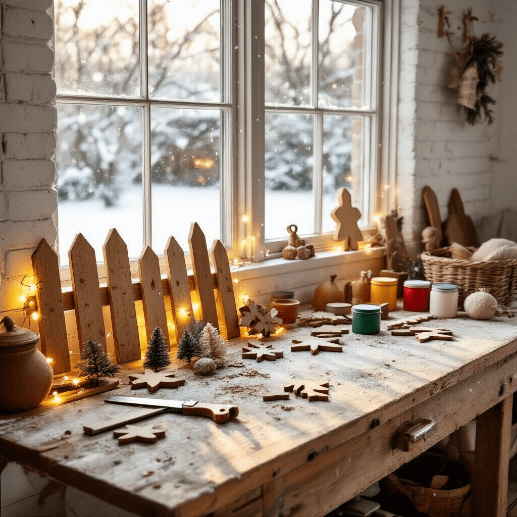 A cozy living room corner with a rustic workbench adorned with handmade wooden ornaments, tools, and colorful paint pots, illuminated by warm golden light and fairy lights, with soft snowfall visible outside the window.