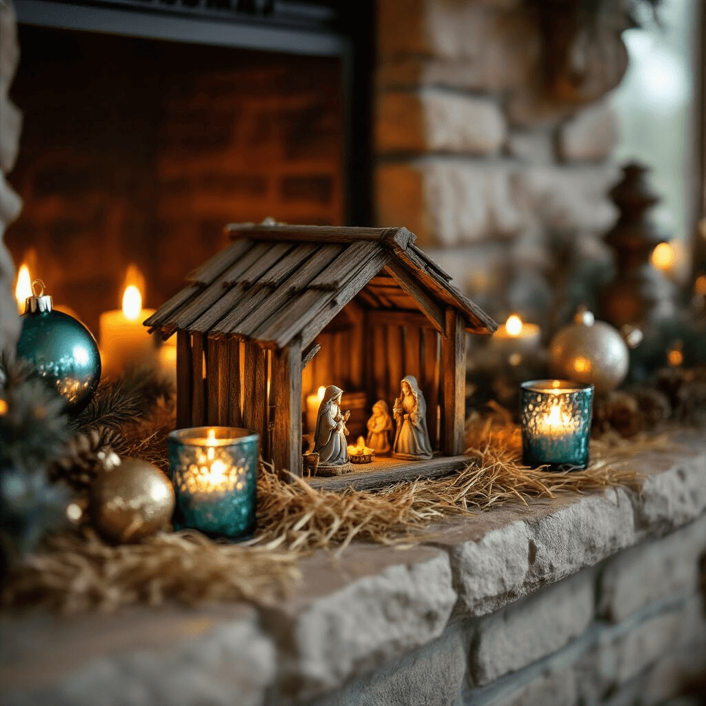 An intimate fireplace mantel at dusk featuring a miniature wooden nativity stable surrounded by tealights in mercury glass holders, ornate vintage ornaments, and faux hay, all illuminated by a warm candle glow.