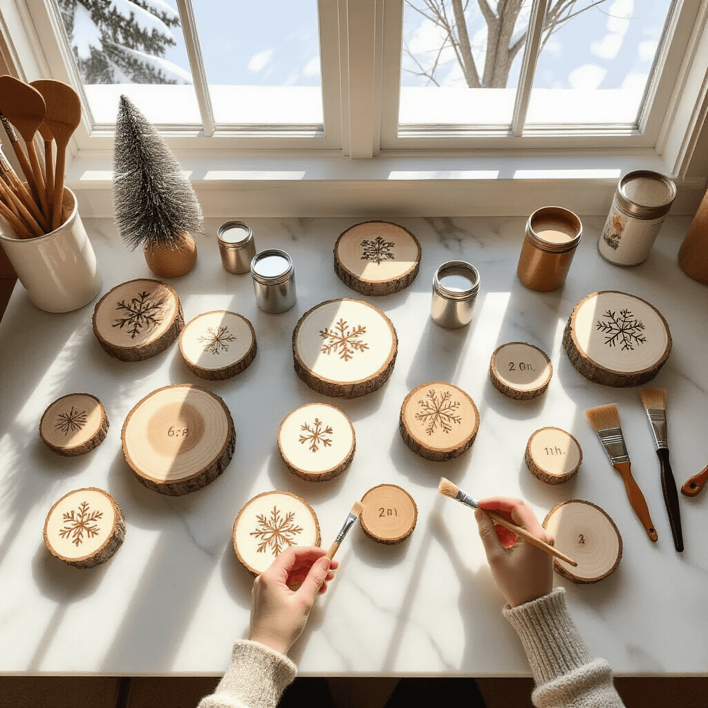 A sunlit kitchen island transformed into a creative workspace, featuring a variety of wood slice ornaments with painted snowflakes and wood-burned designs, surrounded by art supplies in a bright winter morning setting.