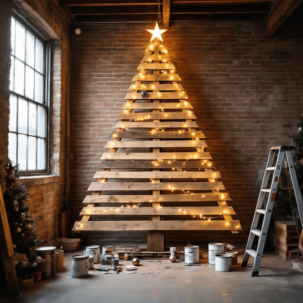 A spacious loft-style craft room at twilight featuring a 6-foot pallet wood Christmas tree leaning against a brick wall, adorned with warm white LED lights. Scattered paint cans, brushes, and vintage ornaments surround the tree's base, with a ladder nearby, all set in a cozy, industrial chic atmosphere.