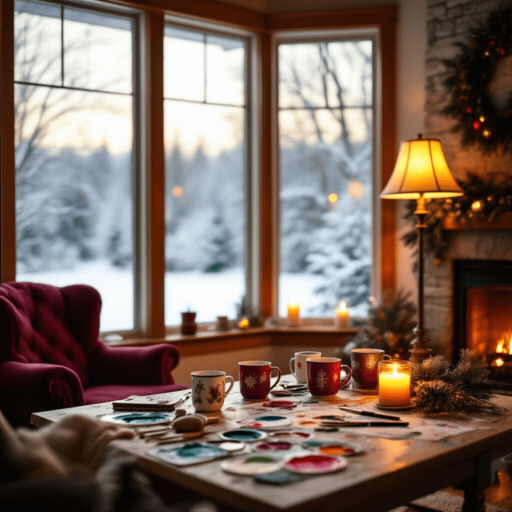A cozy winter living room with a large bay window overlooking a snowy landscape, featuring a warm-lit crafting table filled with paint supplies and half-painted Christmas mugs, a plush burgundy armchair, a pine-scented candle, and a crackling fireplace, all bathed in a warm color palette of rich reds, deep greens, and touches of gold.