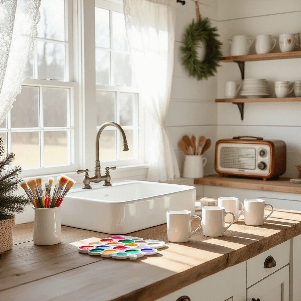 A bright kitchen with white shiplap walls, a farmhouse sink, and morning sunlight through lace curtains, highlighting a rustic wooden table set for mug painting with colorful acrylic paints, brushes, stencils, and plain white mugs, while a vintage radio plays Christmas tunes.