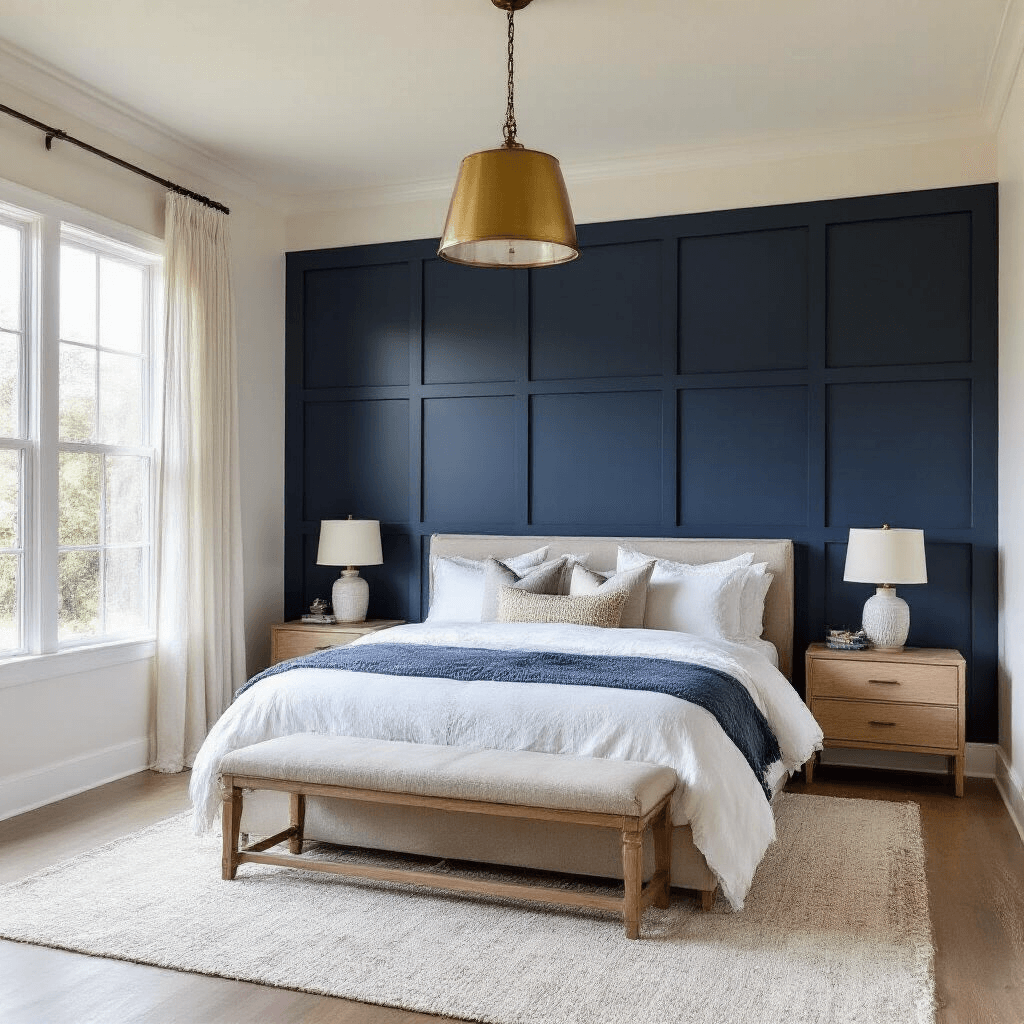 A serene master bedroom featuring a dramatic navy blue accent wall with board and batten paneling behind a modern platform bed; early morning light filters through sheer curtains, illuminating layered white bedding and bleached oak side tables with ceramic lamps, all captured from a low angle.