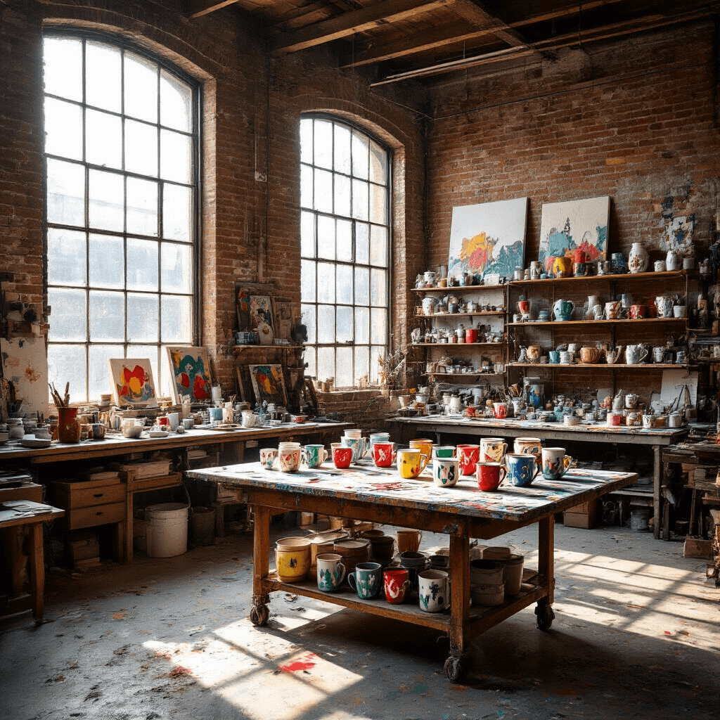 An eclectic artist's studio with exposed brick walls and industrial windows, featuring a large workbench cluttered with uniquely painted Christmas mugs, vibrant art supplies on shelves, and dramatic late afternoon light casting long shadows across a paint-splattered concrete floor.
