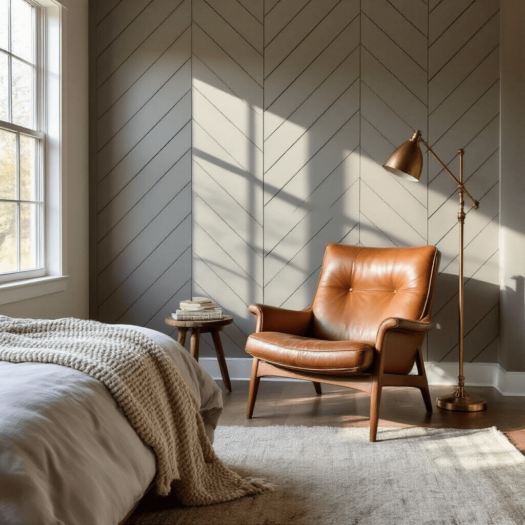 Intimate bedroom corner featuring a herringbone shiplap accent wall in warm gray, natural light illuminating a mid-century modern cognac leather reading chair with a chunky knit throw, and a vintage brass floor lamp, all captured during golden hour.