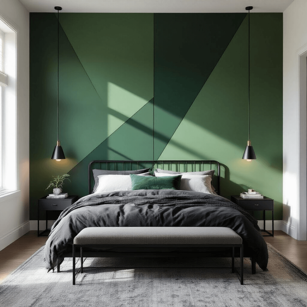 Contemporary bedroom featuring a bold geometric accent wall in emerald green and matte white, with a minimalist black metal bed frame dressed in charcoal linen, Enhanced by afternoon light creating shadows, complemented by modern sconces, velvet pillows, and a wool area rug.