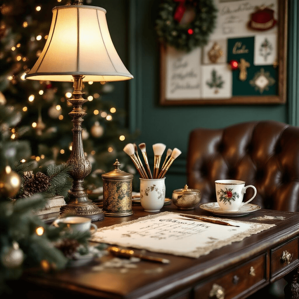 A vintage-inspired home office crafted into a holiday crafting nook, featuring an antique writing desk with calligraphy tools, gold leaf, and paintbrushes. Soft lamp light highlights rich wood tones and a deep emerald green palette, with a tufted leather chair and a mood board of festive inspiration. A blurred Christmas tree is visible in the background, enhancing the cozy atmosphere.