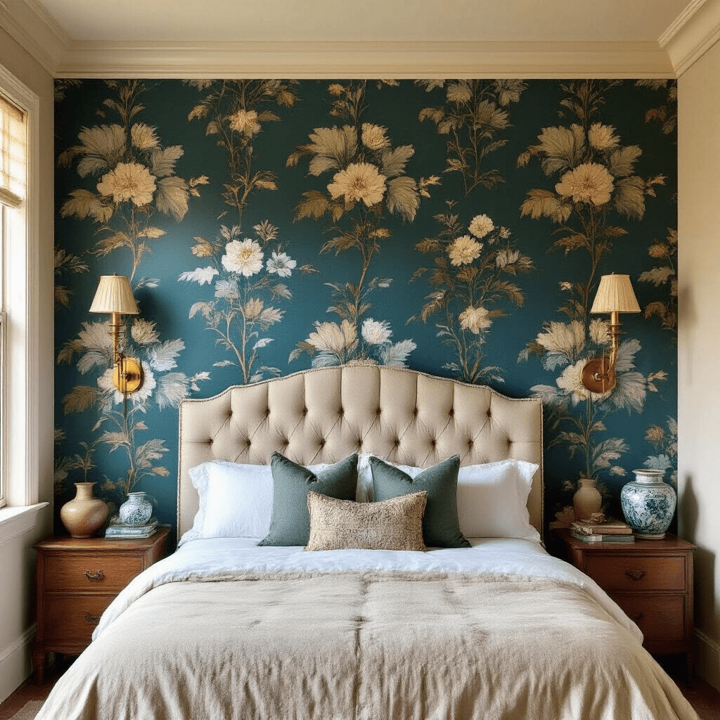 Cozy bedroom with oversized botanical wallpaper in deep teals and golds, framed by crown molding, featuring warm lighting, a tufted headboard, vintage art prints, and ceramic vases, captured during blue hour.