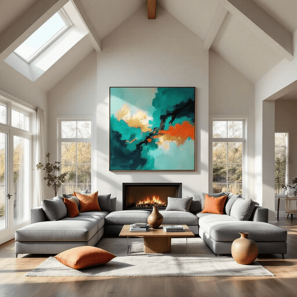 A sunlit living room with vaulted ceilings and large windows, featuring a grey sectional, sleek fireplace, and a vibrant abstract painting above the mantel. The space is decorated with colorful throw pillows and a mid-century modern coffee table, all set against warm wood floors.