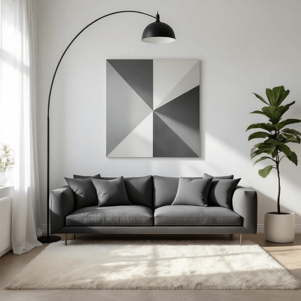 A serene and sophisticated minimalist living space featuring a charcoal sofa, a large geometric artwork in grey and silver above it, a sleek black floor lamp, a plush cream rug, and a potted fiddle leaf fig, all bathed in soft morning light.
