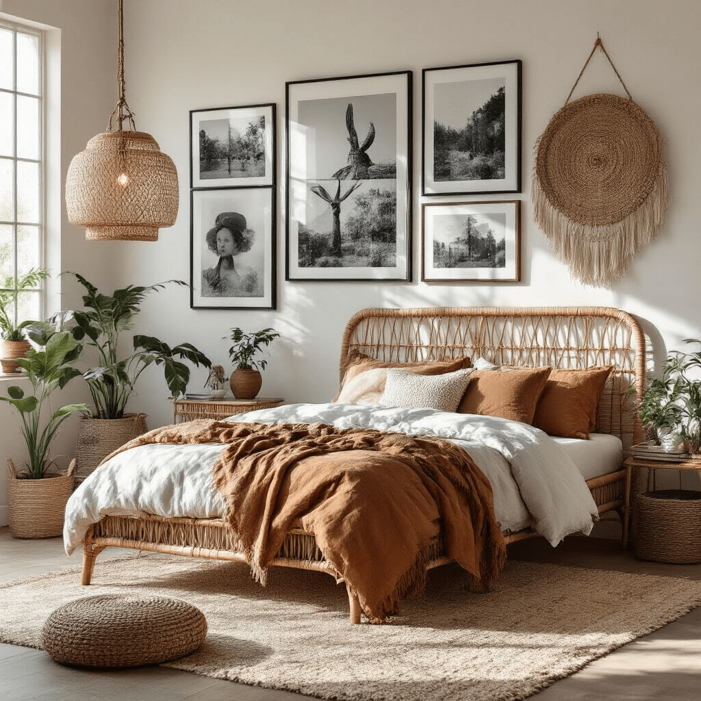 Modern bohemian bedroom with a gallery wall of black and white photographs, vintage mirrors, and woven wall hangings, featuring a rattan bed frame and earth-toned textiles, natural fiber pendant light, and potted plants, captured in bright midday light from a corner angle.