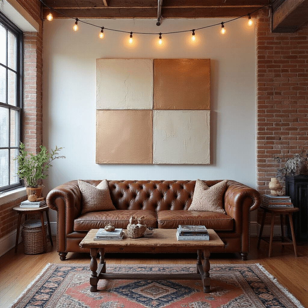 An eclectic living room featuring exposed brick walls and hardwood floors, with a vintage leather Chesterfield sofa facing a textured gallery wall. A central artwork with sculptural paint strokes in ivory, taupe, and rose gold adds depth, while mismatched side tables hold art books and quirky objects. A Moroccan rug unifies the space, illuminated by warm string lights.