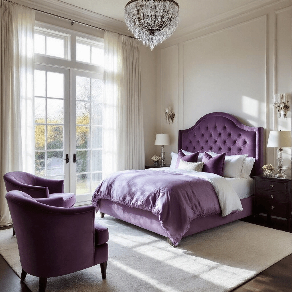 A tranquil luxe master bedroom featuring a king-size bed with a tufted lavender headboard, layered silk bedding in purple tones, polished silver sconces, a crystal chandelier, and oversized mauve chairs by bay windows, all illuminated by soft afternoon sunlight.