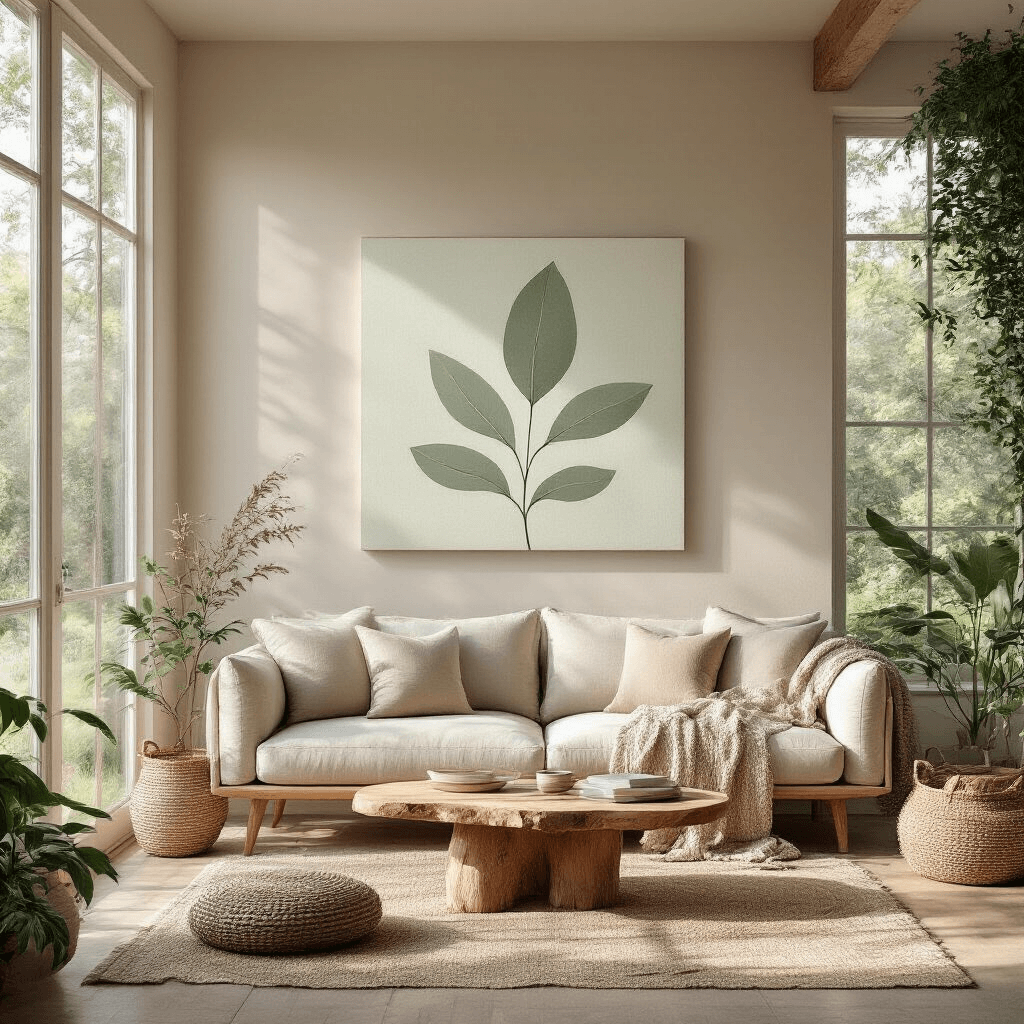 A serene living area with large windows showcasing a lush garden, illuminated by morning light. The space features a streamlined linen sofa, a minimalist leaf motif canvas in soft sage green and pale blush above it, chunky knit throws, woven baskets, a live-edge wood coffee table, and trailing plants, all set in muted earth tones. The camera angle emphasizes the connection between the interior and outdoor view, enhancing the peaceful and harmonious atmosphere.