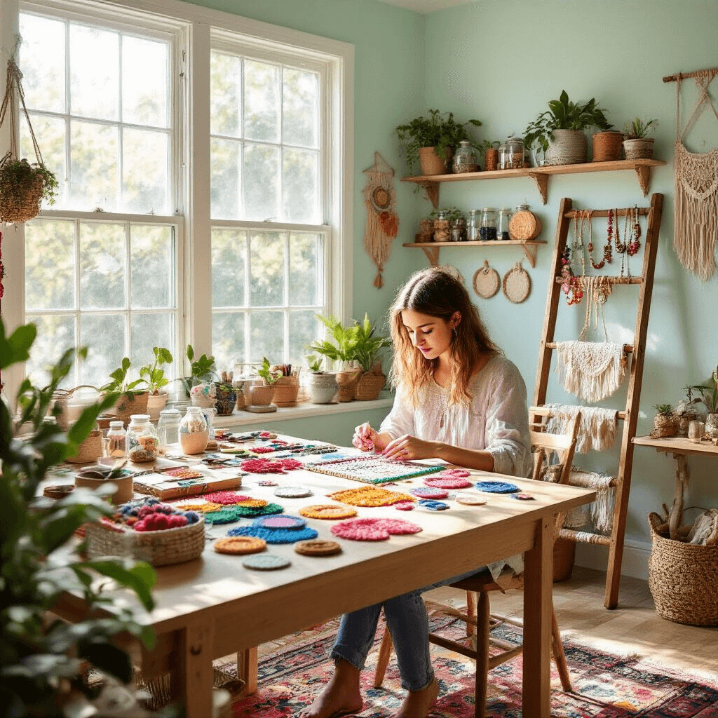 A bright and inviting craft room filled with natural sunlight, featuring a young woman crafting a cardboard loom bracelet at a wooden worktable adorned with colorful supplies. Shelves of mason jars and a vintage ladder displaying finished bracelets complement the bohemian decor, including a Moroccan rug and macramé hangings.