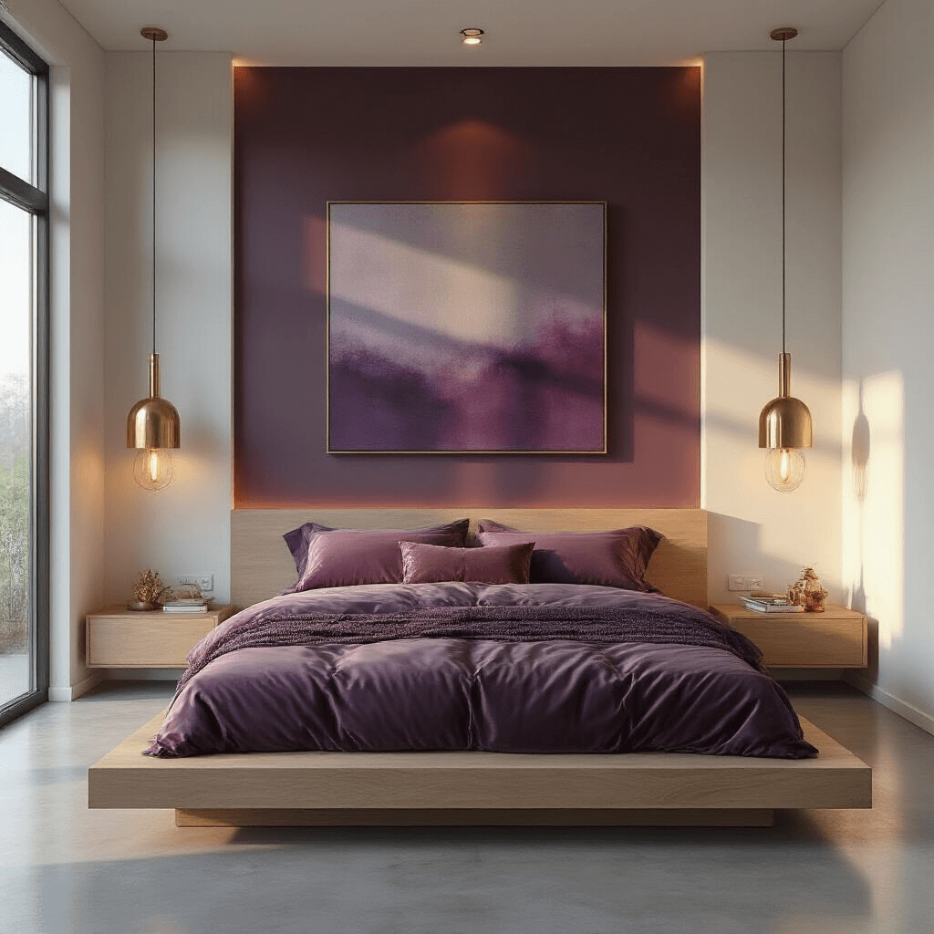 Minimalist primary bedroom at golden hour featuring a deep aubergine accent wall, low-profile bleached oak platform bed with mauve silk and velvet bedding, large abstract canvas above, polished concrete floors reflecting warm light from brass floor lamps, captured from a low angle highlighting architectural details and shadow play.
