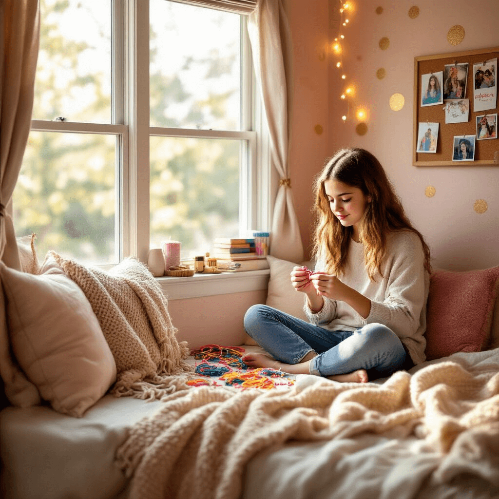 A cozy bedroom nook with soft afternoon light, featuring a teenage girl sitting cross-legged on a window seat adorned with plush cushions, surrounded by vibrant embroidery floss while making a friendship bracelet. The warm glow of fairy lights and a bookshelf filled with craft supplies and novels enhance the intimate, nostalgic atmosphere in the blush pink room decorated with gold polka dots and a cork board displaying photos and finished bracelets.