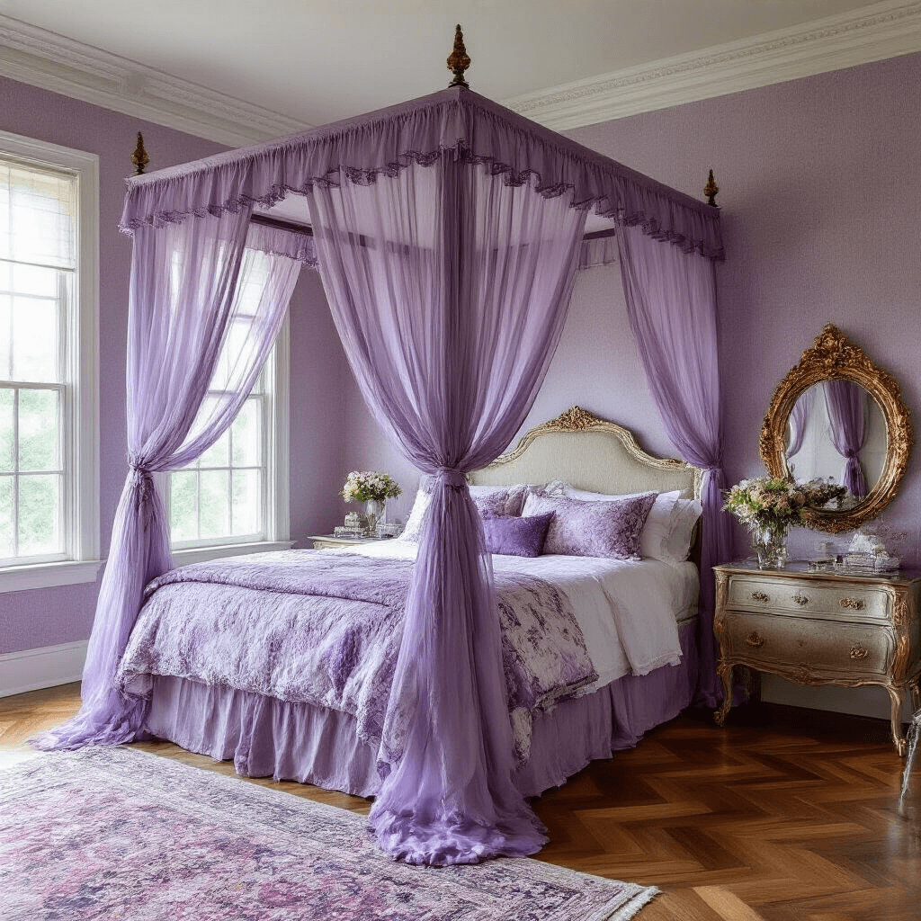 A romantic Victorian-style bedroom at dusk featuring soft lilac grasscloth wallpaper, an elegant four-poster bed with a sheer purple canopy, vintage-patterned bedding, a crystal vanity with a gilt mirror, and fresh flowers in mercury glass vases, all set on herringbone hardwood floors with plush oriental rugs, captured with a shallow depth of field.