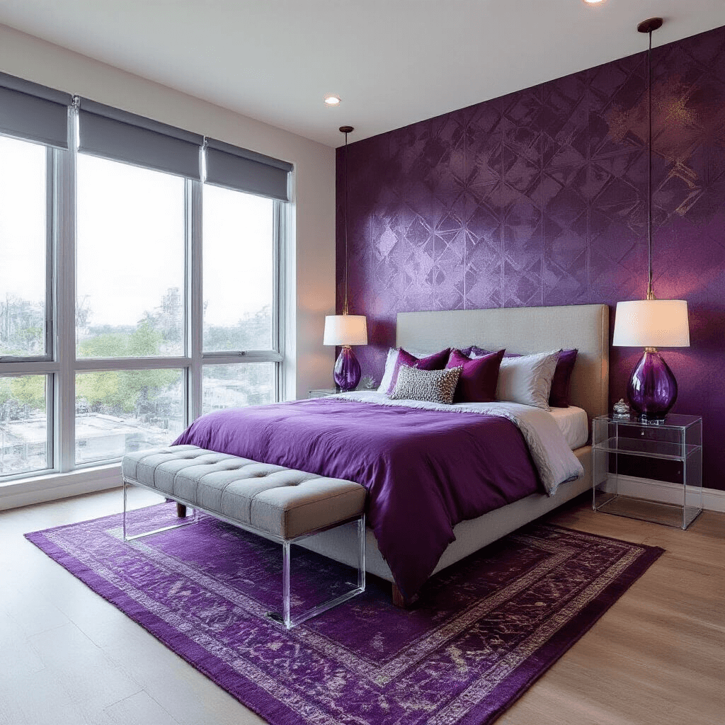 A contemporary bedroom featuring a metallic purple geometric wallpaper accent wall, a queen bed with color-blocked bedding in deep plum, violet, and silver, and lucite side tables with modern purple glass lamps. The room has floor-to-ceiling windows with automated gray shades, whitewashed oak floors adorned with a purple Moroccan area rug, and is captured in an ultra-wide angle shot from an elevated corner, highlighting natural light balanced with LED ambient lighting.