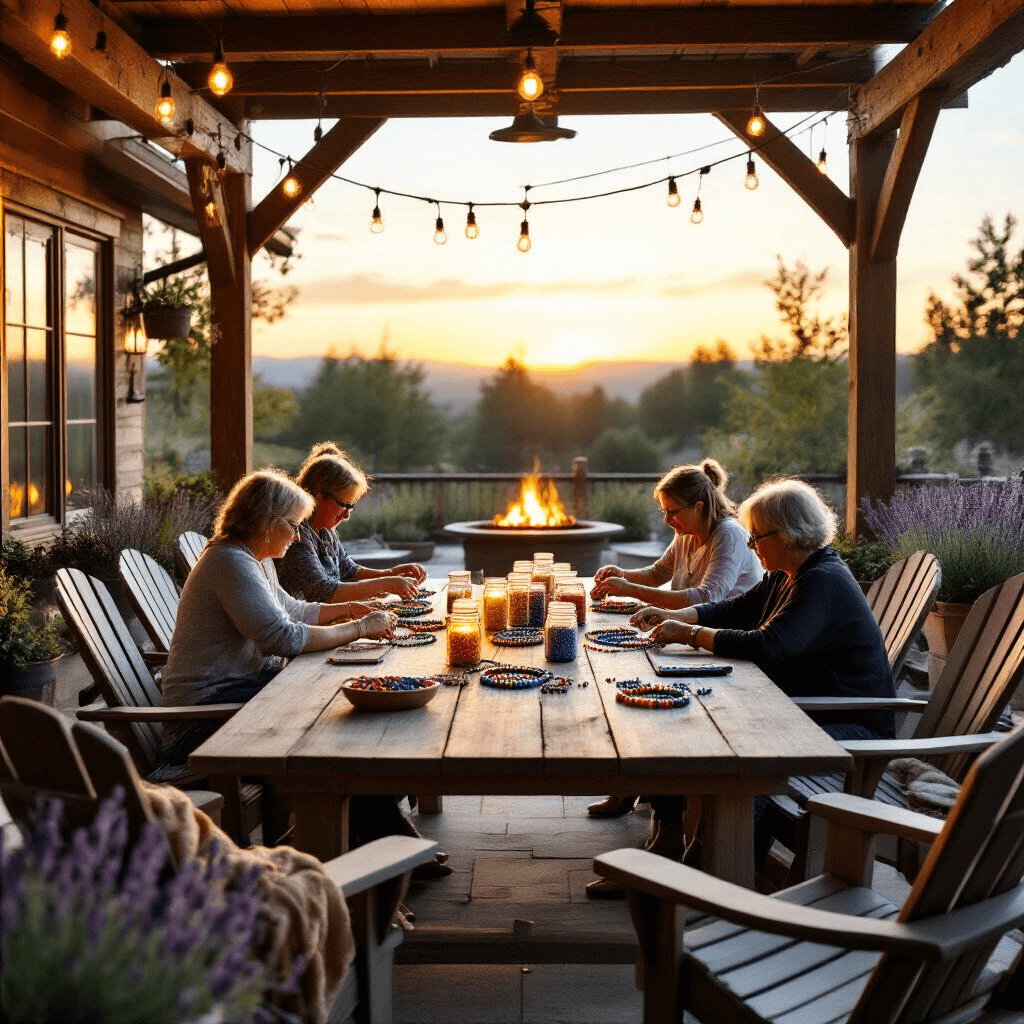 A cozy rustic outdoor patio during golden hour, featuring wooden beams, string lights, and a large farmhouse table where a multi-generational group creates bead-azzled bracelets. Mason jars with colorful pony beads reflect the warm light, while Adirondack chairs with soft blankets surround the table. Potted lavender and rosemary line the patio edges, and a softly glowing fire pit is visible in the background. The low angle captures the activities at the table against the sky, evoking a nostalgic atmosphere.