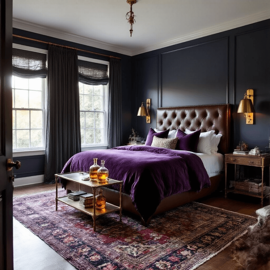 A moody master bedroom in deep navy tones, featuring a king-sized bed with crushed velvet aubergine bedding, large windows with sheer charcoal drapes, brass sconces, a leather headboard, and a vintage brass bar cart styled with amber glass decanters, captured at golden hour with warm light filtering through.