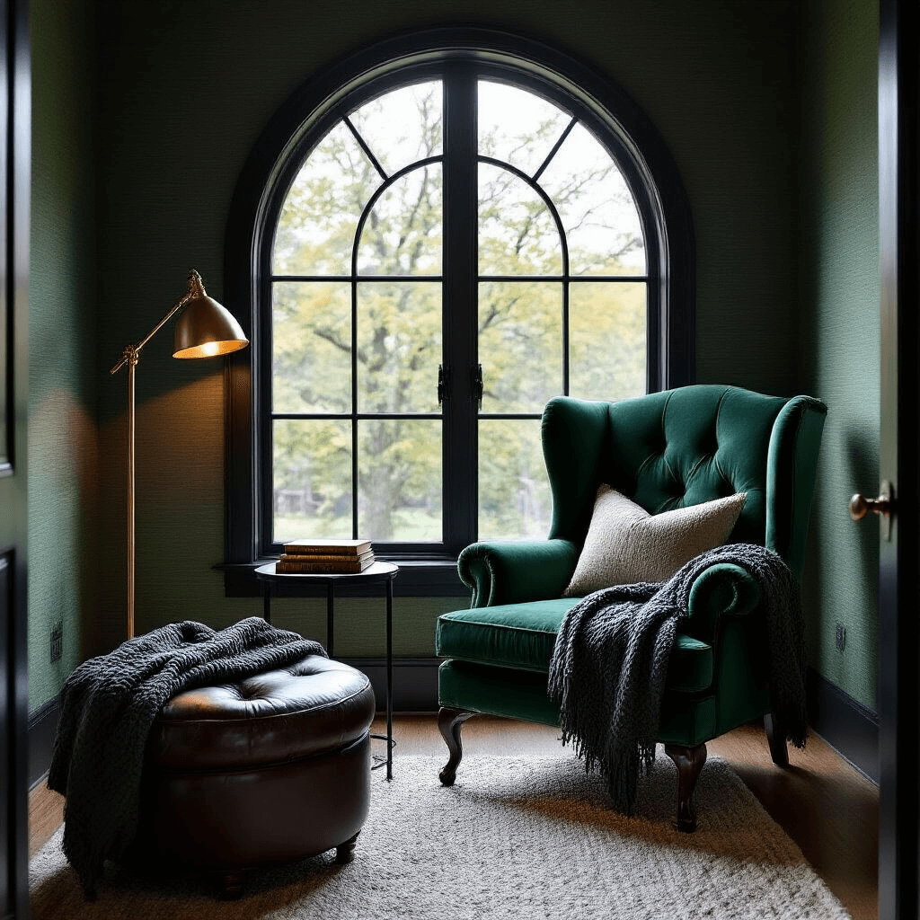 Cozy reading nook in a dramatic bedroom at dusk, featuring an emerald green velvet wingback chair, a brass floor lamp casting warm light, a chunky knit throw, a weathered leather ottoman, and vintage books on a matte black side table, all against a backdrop of deep forest green grasscloth wallpaper.