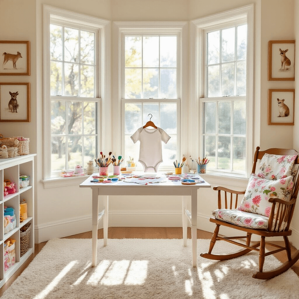 A bright and inviting nursery with large bay windows, featuring a white craft table covered in fabric paints and a onesie on a frame. The pastel walls are decorated with animal prints, and a wooden rocking chair with floral cushions sits in the corner, all bathed in soft, natural light.
