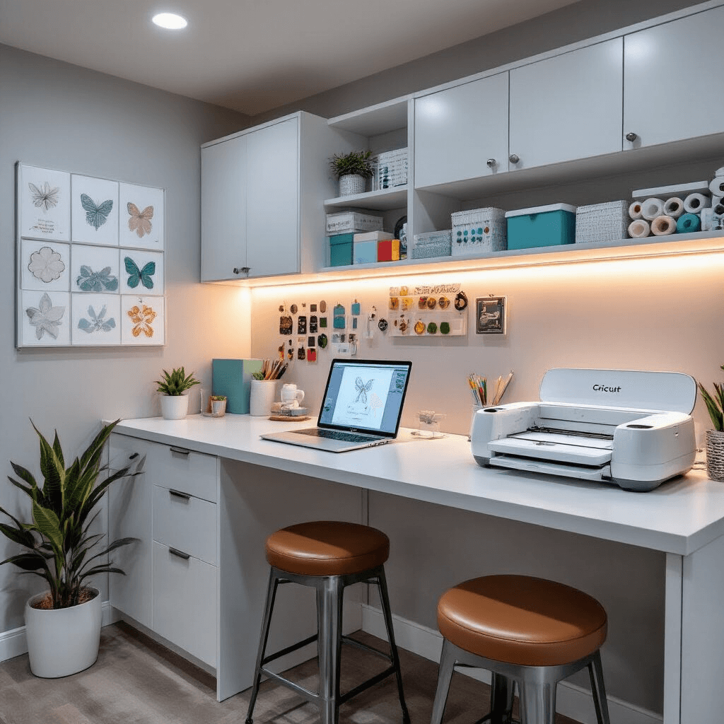 A modern craft room with a central island featuring a Cricut machine in action, surrounded by a warm, creative atmosphere accentuated by LED task lighting. White built-in cabinets display organized crafting tools, while sleek metal stools with leather seats complete the minimalist design with pops of teal.