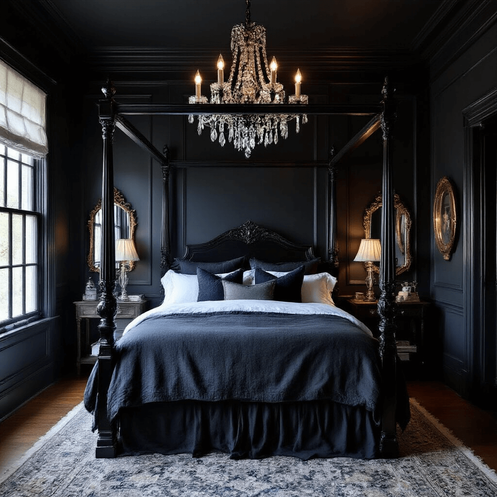 Victorian-style bedroom at midnight featuring a four-poster bed dressed in charcoal and midnight blue linens, high-gloss black crown molding, and walls in Farrow & Ball 'Railings'. A dimmed crystal chandelier casts an ambient glow, while antique mercury glass mirrors reflect warm candlelight. The image showcases the room with a soft focus from the doorway, highlighting intentional shadows and an ethereal atmosphere.