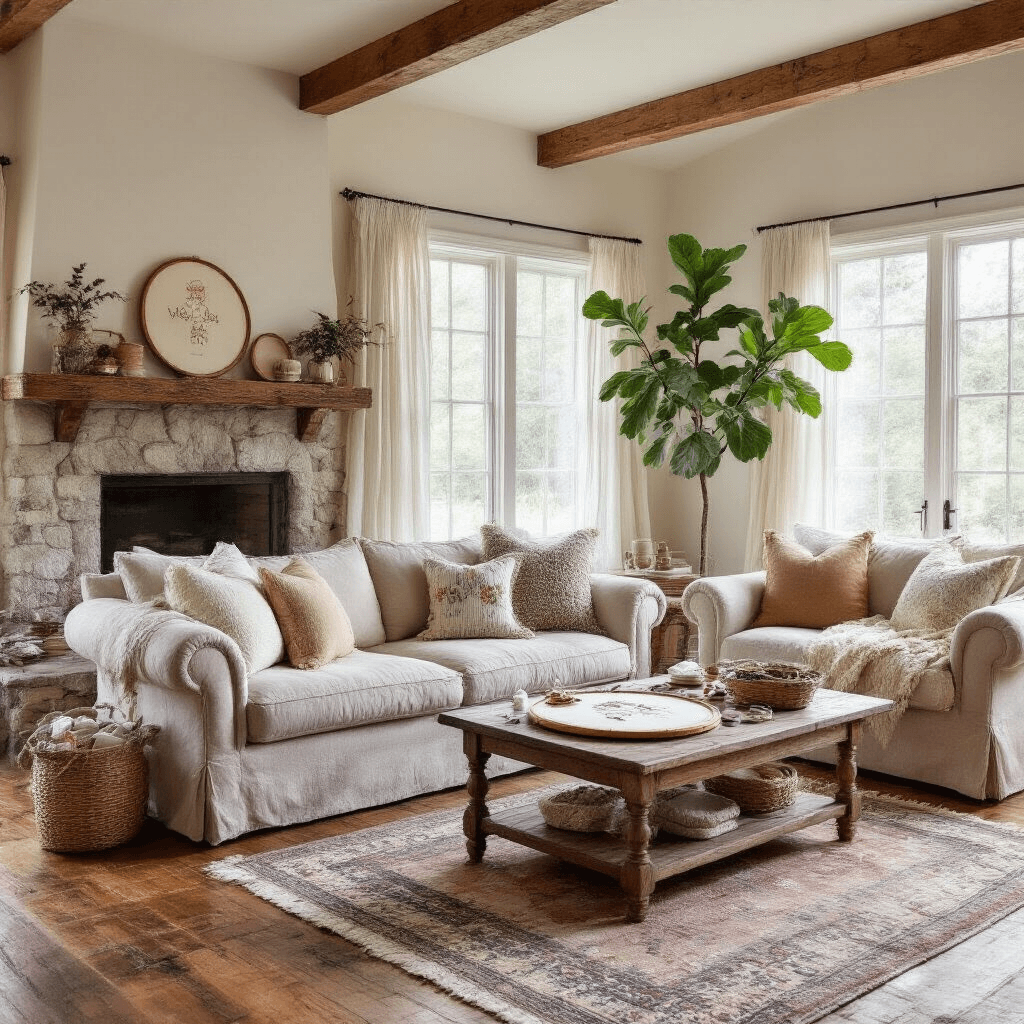 Cozy living room featuring vaulted ceilings, mid-morning light through sheer curtains, a soft beige overstuffed sofa with handmade pillows, an embroidery station on a coffee table, rustic wooden floors, a vintage rug, a stone fireplace with floating shelves of embroidery examples, and a fiddle leaf fig in the corner, all captured in soft, diffused lighting.