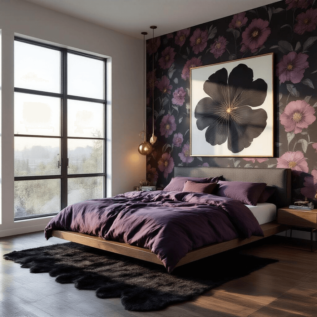 Contemporary bedroom at sunrise featuring dark floral wallpaper, a floating California king bed in plum linen, oversized gold and black abstract art, minimal brass pendant lights, rich walnut flooring with black sheepskin rugs, and morning light streaming through steel-framed windows.