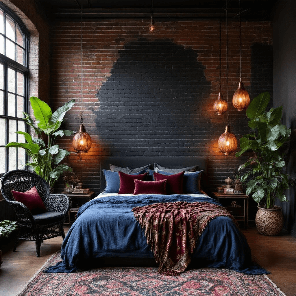 A moody Bohemian-gothic bedroom at twilight, featuring a matte black exposed brick wall, oxidized copper pendant lights, a vintage indigo layered bed with burgundy velvet pillows, a large monstera plant in a brass planter, and a black rattan peacock chair with silk throws, all illuminated by soft warm accents.