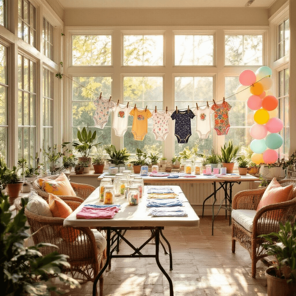 A bright and airy sunroom filled with golden hour light, featuring folding tables for a baby shower onesie-decorating station. Mason jars with fabric markers and scattered iron-on transfers are visible, alongside a clothesline displaying completed onesies. Wicker furniture with colorful cushions, potted plants, and a pastel balloon arch create a festive atmosphere. The high-angle shot captures the entire creative setup.