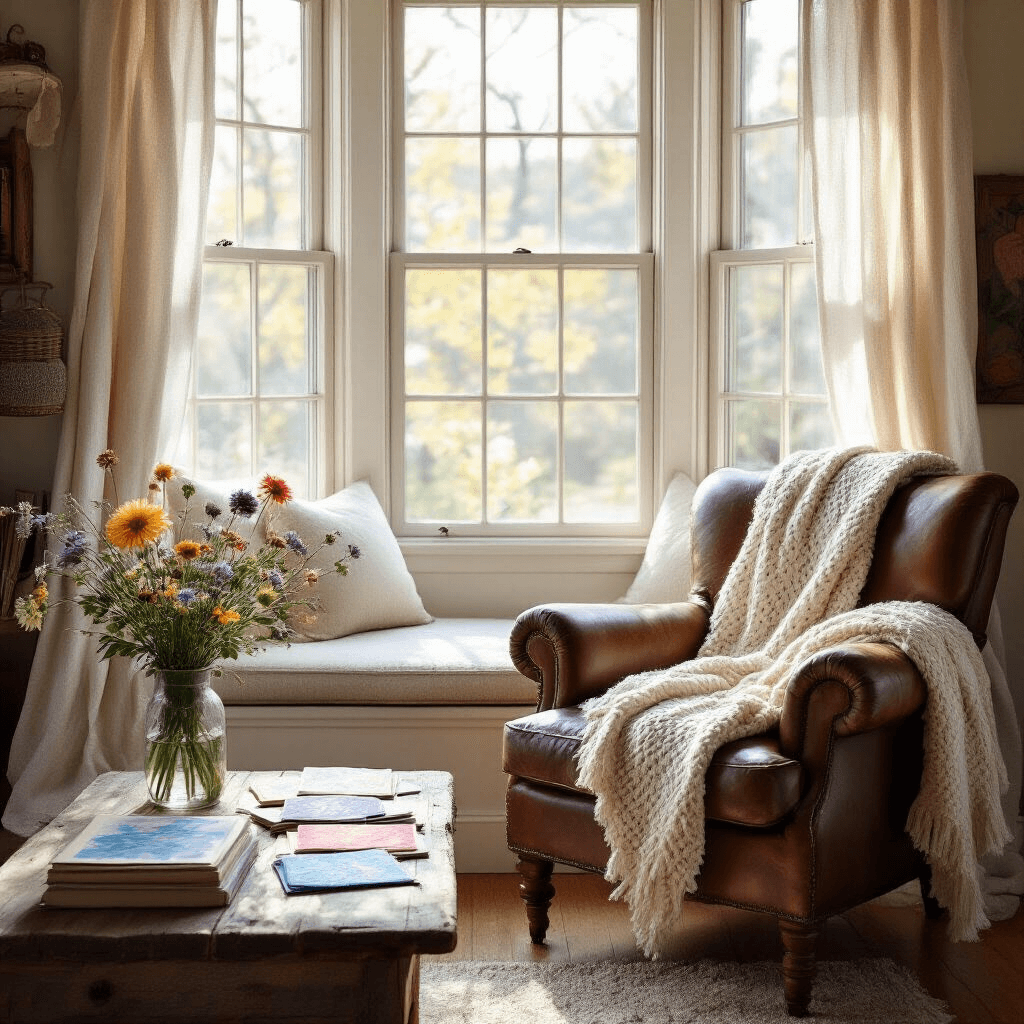 A cozy reading nook featuring a bay window with a cushioned seat, a weathered leather armchair with a chunky knit blanket, and a rustic wooden side table adorned with colorful handmade watercolor bookmarks. The space is filled with soft morning light and decorated with a vase of wildflowers, showcasing a palette of soft pastels and dreamy blues.