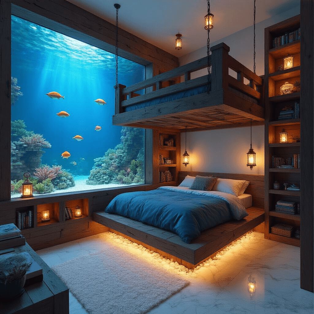 A cozy Minecraft-inspired bedroom with a lofted bed above an aquarium wall, showcasing tropical fish and coral. Evening light filters through glass panels, creating blue ripples on quartz floors. Dark oak planks and hidden glowstone under white carpet light the sleeping area. Ceiling-height bookshelves and hanging lanterns provide warm lighting, all captured from an eye-level doorway view with an ultra-wide angle lens.
