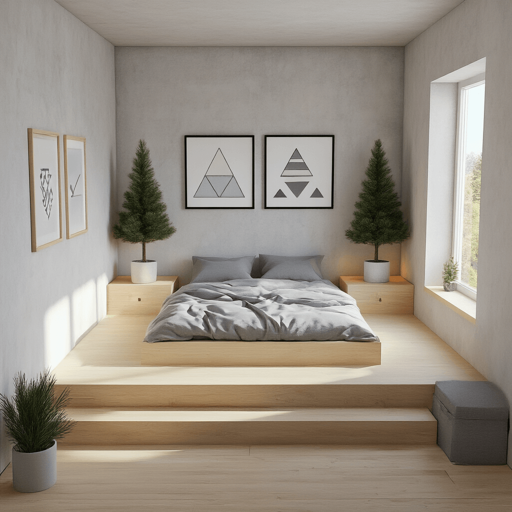 Aerial view of a minimalist Scandinavian Minecraft bedroom showcasing white concrete walls and light birch wood floors, featuring a gray wool bedding platform bed, potted spruce saplings, and geometric-patterned item frames, with soft ambient lighting from hidden stairs and clean, neutral-toned furniture.