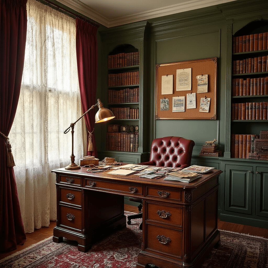 A cozy vintage-inspired home office featuring an antique roll-top desk cluttered with old magazines and crafting materials. Lace curtains allow late afternoon golden light to illuminate the rich burgundy and forest green hues of the room, while a cork board displays handmade bookmarks. Bookcases filled with leather-bound books line the walls, and a warm brass desk lamp provides additional lighting.