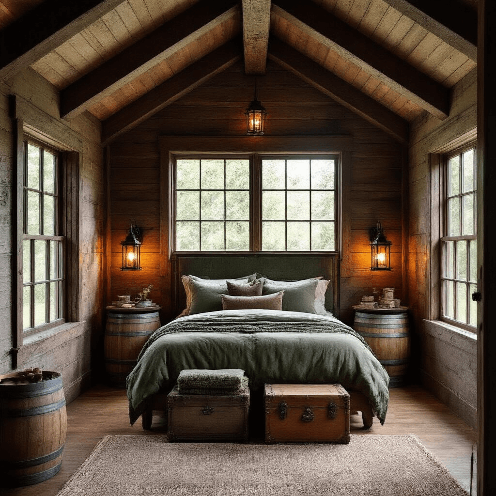 A cozy rustic woodland cabin bedroom in a 4x6 alcove, showcasing an exposed dark oak beam ceiling, a bed with barrel nightstands, and a banner headboard in forest colors, illuminated by warm golden hour sunlight filtering through glass-pane windows. Vintage storage chests and barrels complement the space, with lanterns casting a soft glow on the scene.
