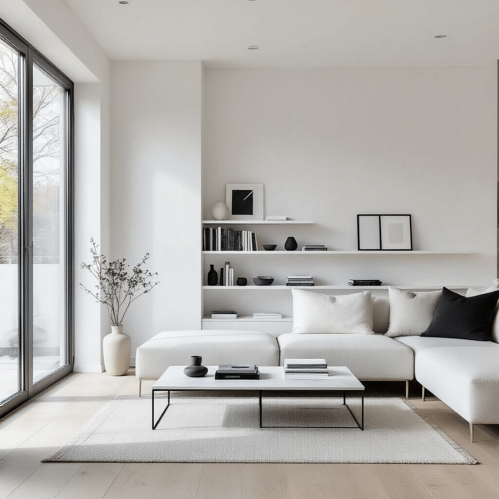 A bright, minimalist Scandinavian-style living room with white walls and light oak flooring, featuring a sleek white sofa, a built-in bookshelf with geometric bookmarks, and a low-profile coffee table with art books, captured from a high corner angle to emphasize clean lines and negative space.
