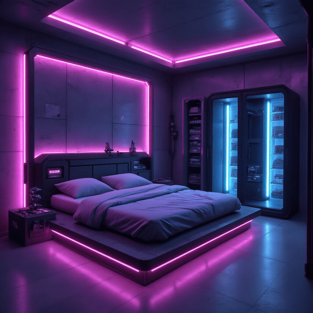 A high-tech futuristic bedroom design featuring a floating platform bed, smooth quartz walls with black concrete accents, automated item sorters behind gray glass, and vibrant purple and cyan lighting, captured in a dramatic telephoto shot emphasizing geometric patterns and technology.