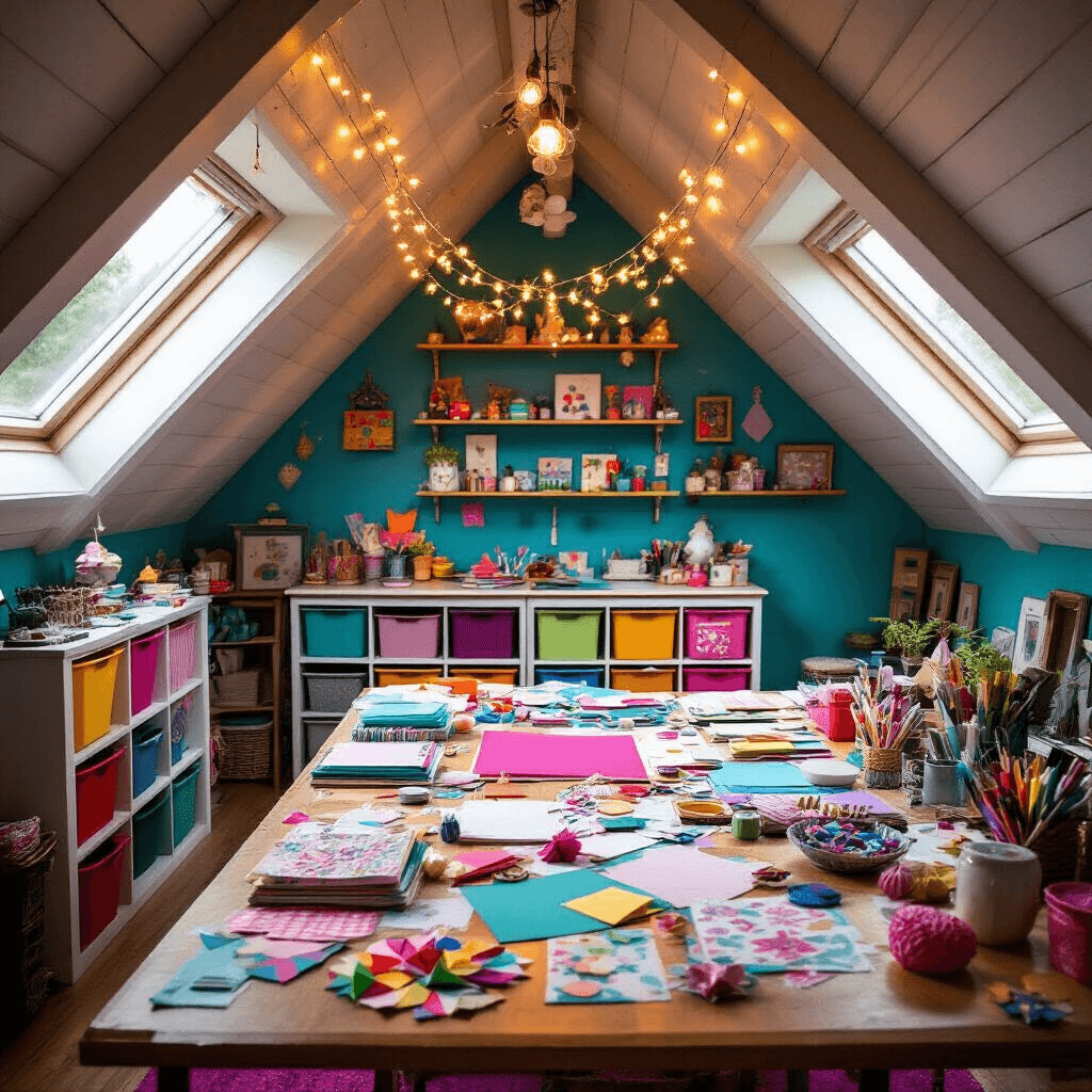 A close-up view of a whimsical craft room in an attic, showcasing a colorful craft table cluttered with paper, ribbons, and supplies. Origami bookmarks in progress are scattered around, with teal walls and a magenta rug adding vibrancy. Warm light from fairy lights and a quirky lamp softly illuminates the creative chaos.