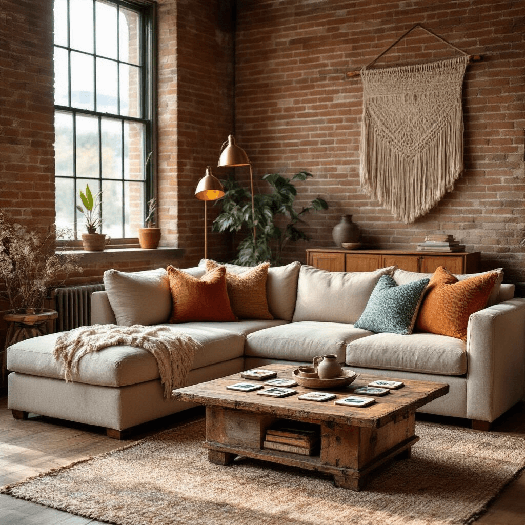 A cozy living room with warm afternoon light, featuring a rustic wooden coffee table with handmade photo coasters, exposed brick walls, reclaimed wood flooring, and a plush beige sectional with textured throw pillows. Vintage brass floor lamps provide soft illumination, while a large macramé wall hanging adds texture above a mid-century sideboard. The image captures an intimate atmosphere with earthy tones and a soft bokeh effect.