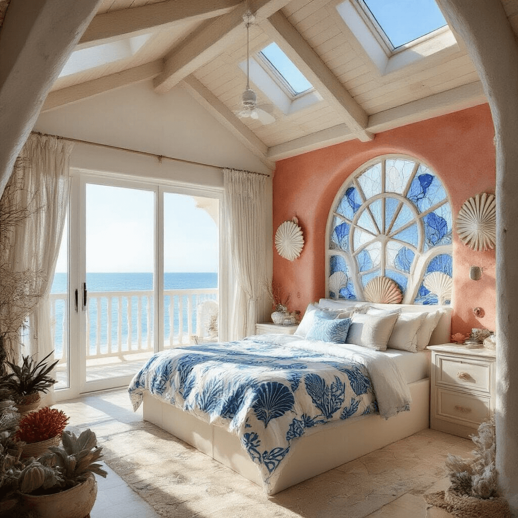 A cozy seaside retreat bedroom featuring a vaulted prismarine ceiling, morning light streaming through floor-to-ceiling glass windows, a central bed with a custom shell-patterned banner, integrated storage in white terracotta walls with trapdoor detailing, and decorative coral fans and sea pickles in pots. The image is captured from a slightly elevated angle to showcase the room layout and ceiling architecture.