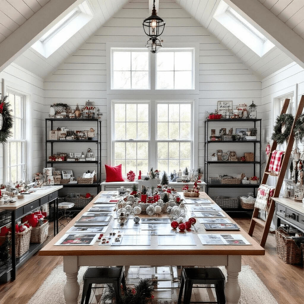 A bright craft room featuring vaulted ceilings and large windows, showcasing a farmhouse-style work table covered with DIY photo ornament supplies, including glass baubles, printed photos, and colorful ribbons, against white shiplap walls and matte black shelving units, with a vintage ladder hanging completed ornaments, all illuminated by morning light with pops of holiday red and green.