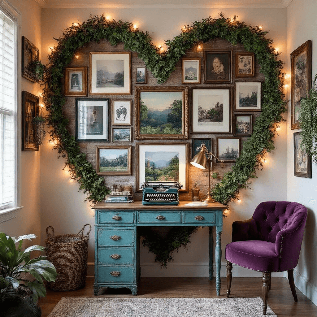 A cozy home office nook featuring a heart-shaped DIY photo collage wall, a distressed teal writing desk with a vintage typewriter and brass lamp, and a velvet tufted chair, all illuminated by warm Edison bulb string lights in rich jewel tones.