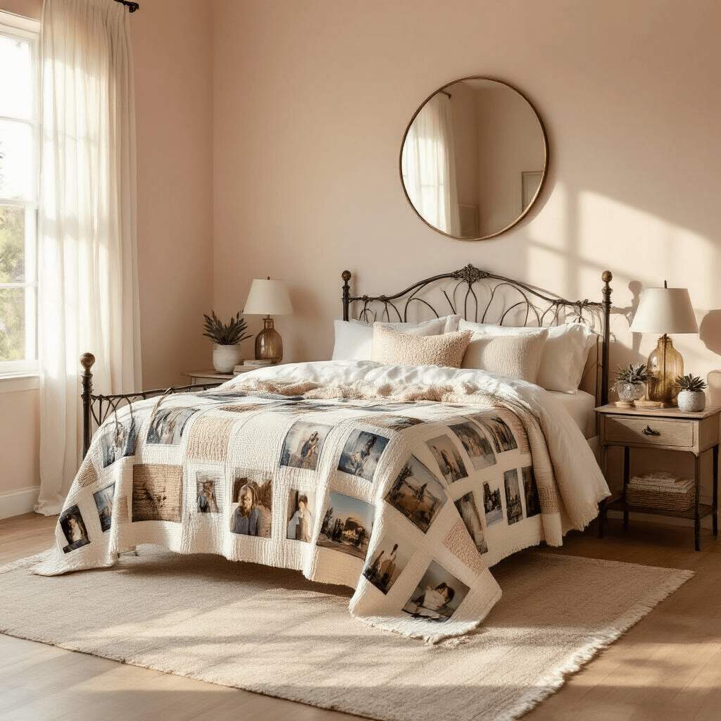 A serene bedroom at golden hour featuring a handmade photo blanket on a wrought iron bed, pale blush walls, sheer curtains, and soft, romantic decor, with a low camera angle highlighting the blanket's patchwork of family photos.
