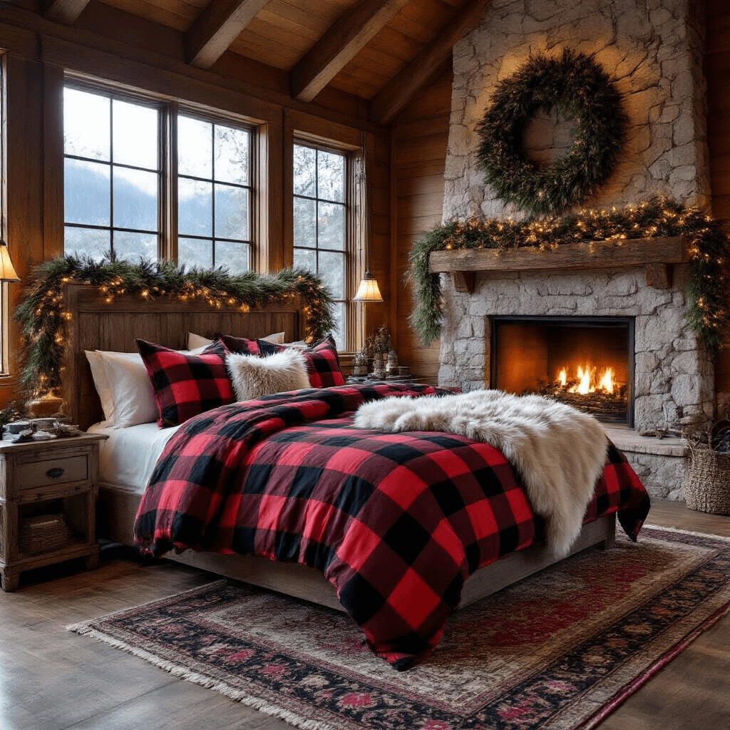 Cozy rustic primary bedroom at twilight featuring a California king bed with a black and red buffalo check comforter, chunky knit pillows, and faux fur throws, a massive pine wreath above a reclaimed wood headboard, and a stone fireplace draped with natural evergreen garland, all illuminated by dramatic backlighting and twinkle lights, set on wide-plank pine floors with a vintage Persian rug.