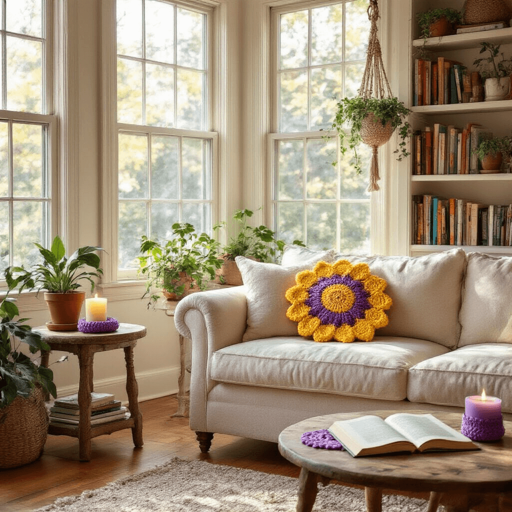 Cozy living room with bay windows and hardwood floors, featuring a cream sofa with a sunflower pillow, a rustic side table with a lavender candle, colorful bookshelves with plants, and a coffee table holding an open novel with a daisy bookmark, all bathed in warm afternoon light.