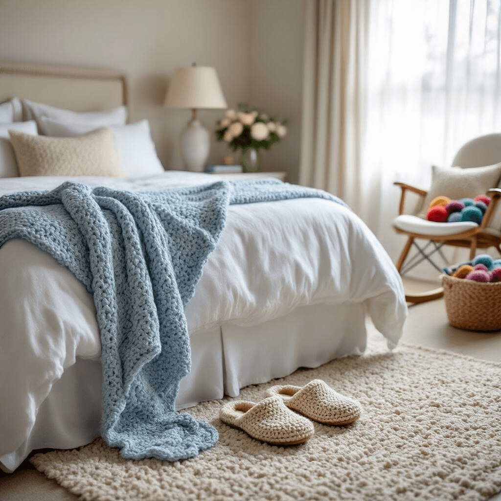 A serene master bedroom featuring a king-size bed with white linens and a pale blue chunky knit throw, cozy crocheted slippers on a plush rug, a nightstand with a lamp and fresh flowers, and a rocking chair with a crochet project and a basket of yarn, all illuminated by soft morning light filtering through sheer curtains.